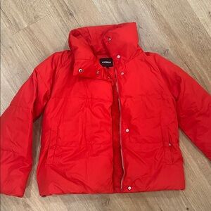 Red puffer jacket